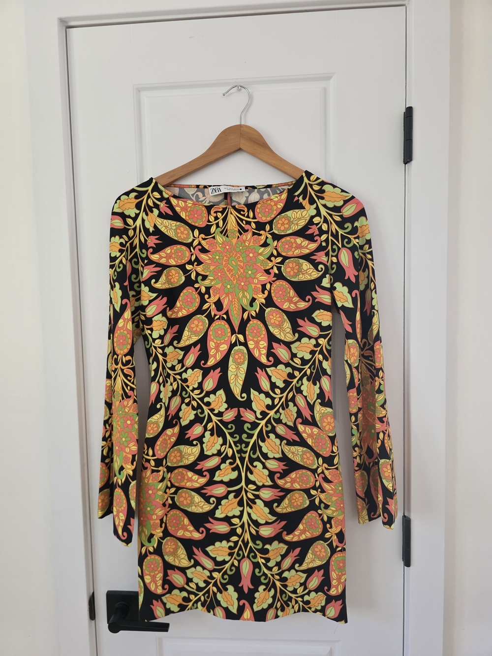 Zara Black Long-Sleeve Dress with Yellow and Orange Floral Motif